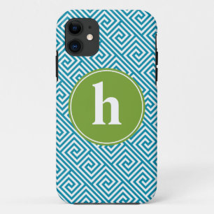 Aqua and Green Greek Key Pattern Monogram iPhone 11 Case
