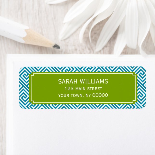 Aqua and Green Greek Key Pattern Return Address Label (Insitu)