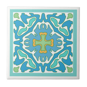 Aqua and Green Spanish Tile with Orange Accent