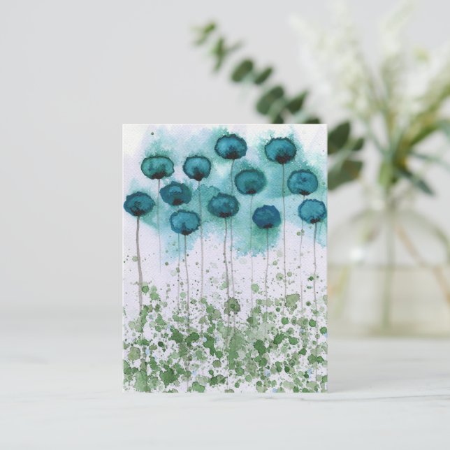 Aqua and Green Watercolor Poppies Postcard (Standing Front)