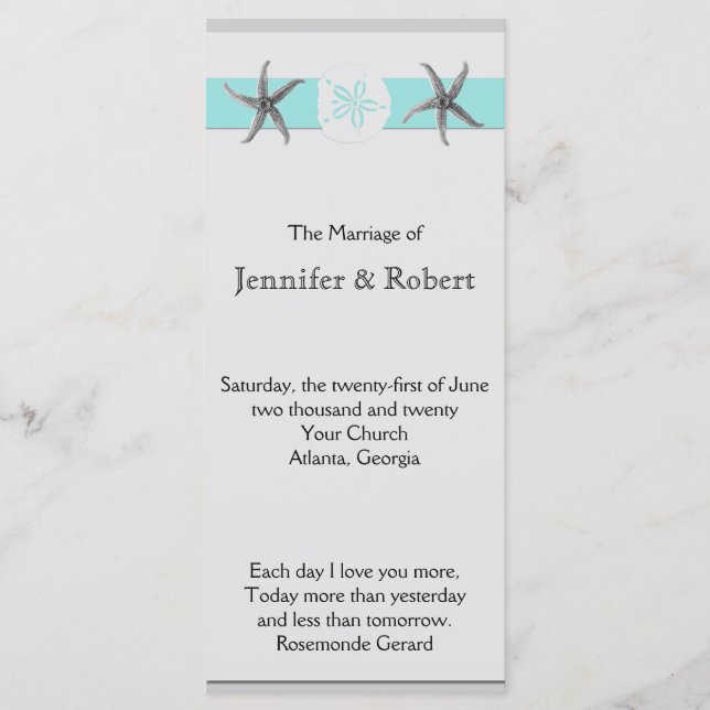 Aqua and Grey Band Starfish Wedding Program (Front)