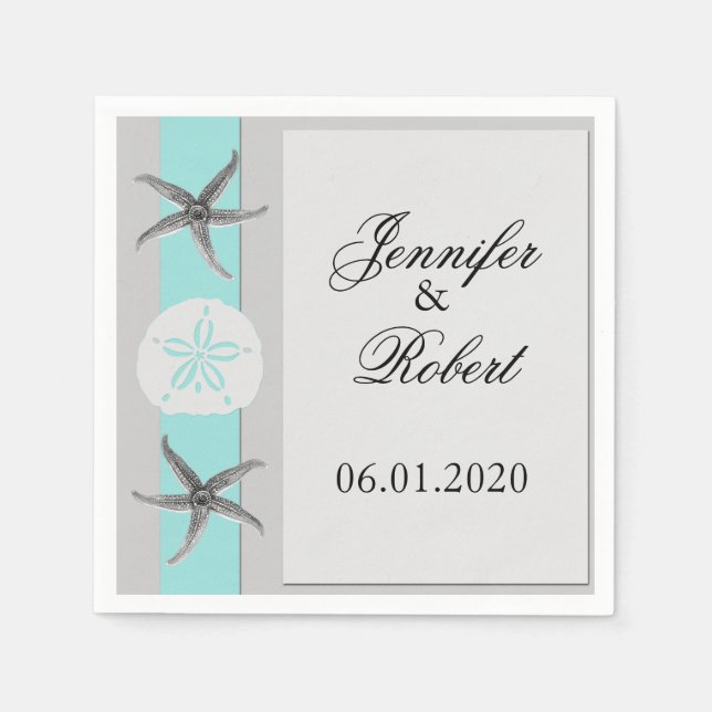 Aqua and Grey Band Wedding Napkin (Front)