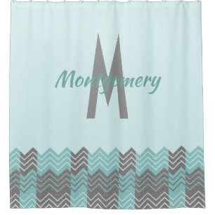 Aqua and Grey Chevron Monogrammed Shower Curtain