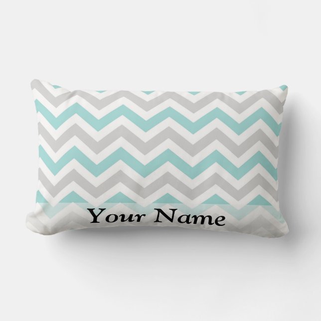 Aqua and grey chevron pattern lumbar cushion (Front)