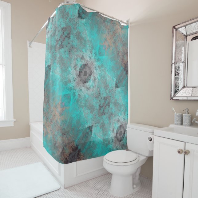 Aqua and Grey Diagonal Geometric Distressed Shower Curtain (In Situ)