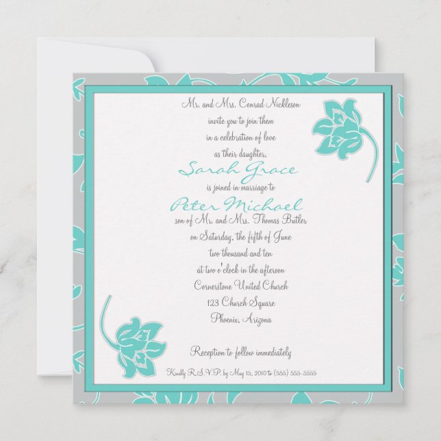 Aqua and Grey Floral Square Invitation (Front)