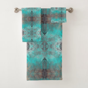 Aqua and Grey Geometric Pattern Towel Set