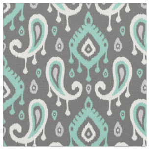 Aqua and Grey Ikat Paisley Fabric