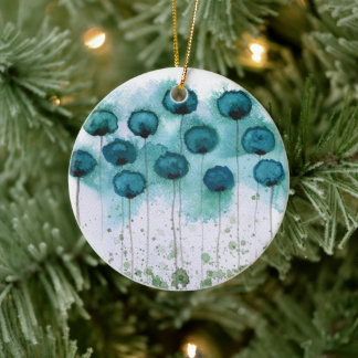 Aqua and Grey Watercolor Flowers Ceramic Ornament