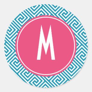 Aqua and Hot Pink Greek Key Pattern Monogram Classic Round Sticker