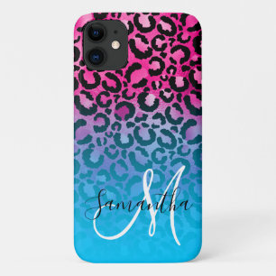 Aqua and Hot Pink Leopard Ombre Monogram iPhone 11 Case