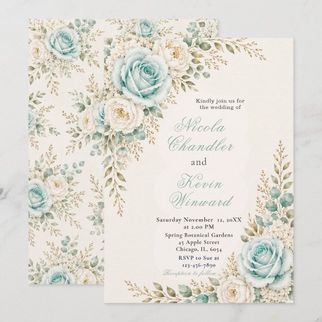 Aqua and Ivory Wedding Invitation (Front/Back)