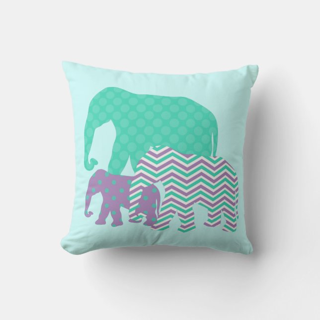 Aqua and Lavender Elephants Throw Pillow (Front)