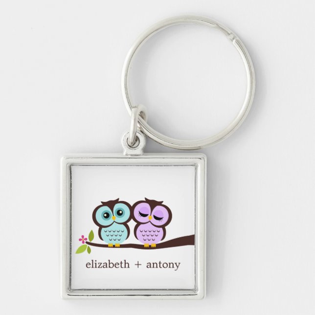 Aqua and Lavender Owls Key Ring (Front)