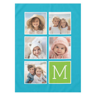 Aqua and Lime 5 Photo Collage Monogram Tablecloth