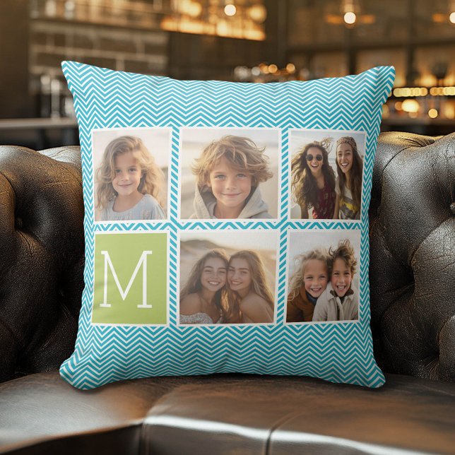 Aqua and Lime Instagram 5 Photo Collage Monogram Cushion (Custom Pillow)