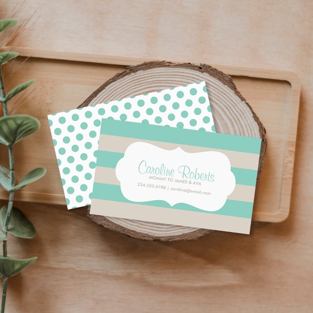 Aqua and Linen Modern Stripes and Dots Calling Card (Creator Uploaded)