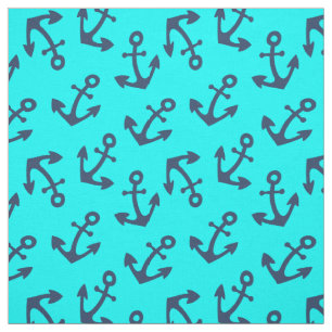 Aqua and Navy Blue Anchor Fabric By the Yard