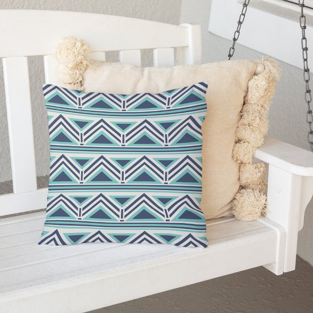 Aqua and Navy Modern Aztec Pattern Outdoor Cushion (Creator Uploaded)