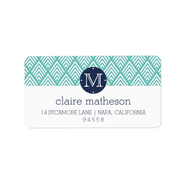 Aqua and Navy Preppy Diamond Chevron Monogram Label (Front)