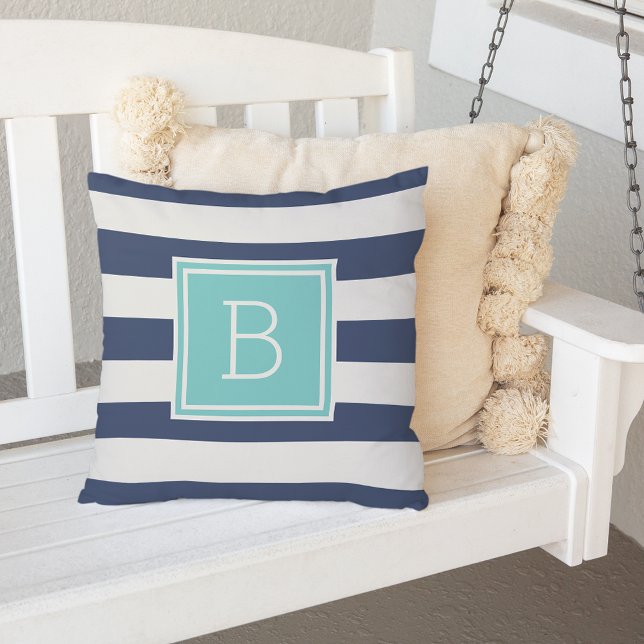 Aqua and Navy Stripe Monogram Outdoor Cushion (Creator Uploaded)