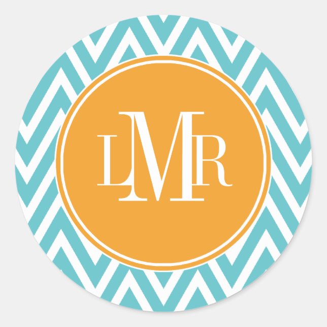 Aqua and Orange Chevrons Monogram Classic Round Sticker (Front)
