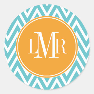 Aqua and Orange Chevrons Monogram Classic Round Sticker