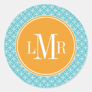 Aqua and Orange Circles Pattern Monogram Classic Round Sticker