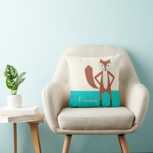 Aqua and Orange Personalised Stylised Fox Pillow