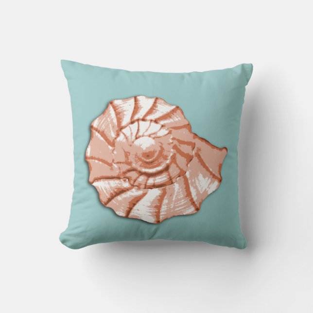 Aqua and Peach Seashell Throw Pillow (Front)