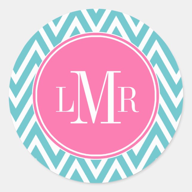 Aqua and Pink Chevrons Monogram Classic Round Sticker (Front)