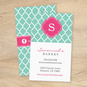 Aqua and Pink Chic Moroccan Lattice Monogram Business Card