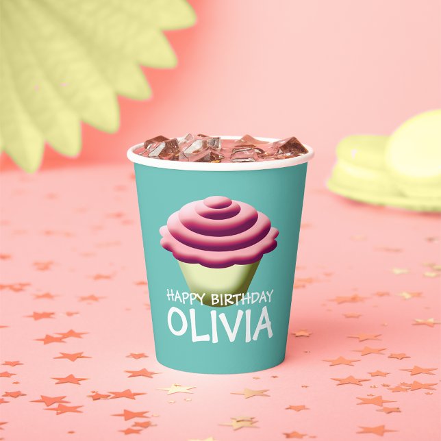Aqua And Pink Cupcake Girl's Birthday Paper Cups (Creator Uploaded)