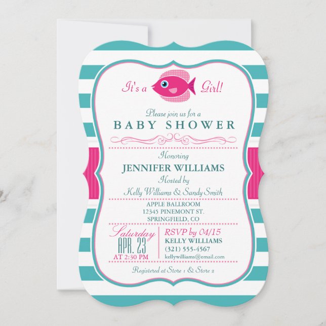 Aqua and Pink Fish Baby Shower Invitation (Front)