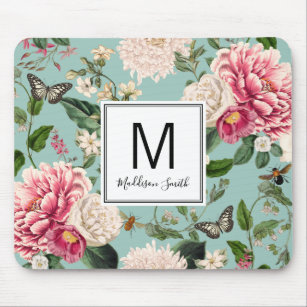 Aqua and Pink Floral Flower Garden Add Your Name Mouse Pad