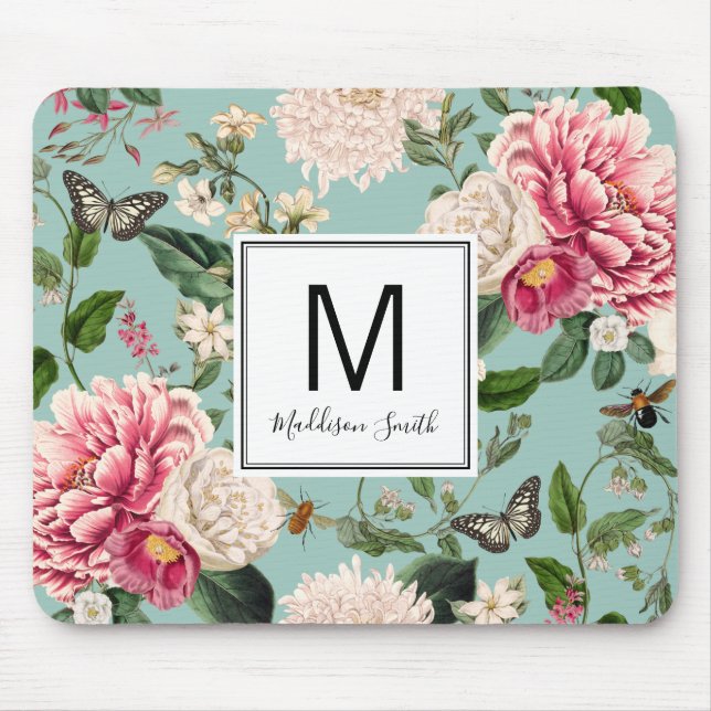 Aqua and Pink Floral Flower Garden Add Your Name Mouse Pad (Front)