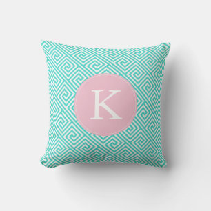 Aqua and Pink Greek Key Pattern Monogram Cushion