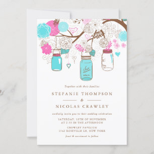 Aqua and Pink Hanging Mason Jars Wedding Invitation