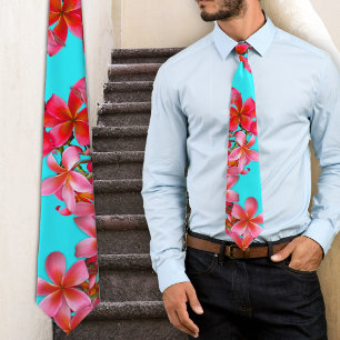 Aqua and Pink Hawaiian Plumeria Print Tie