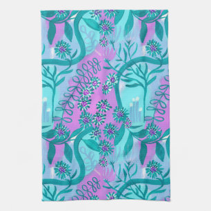 Aqua and Pink Whimsical Magic Garden  Tea Towel