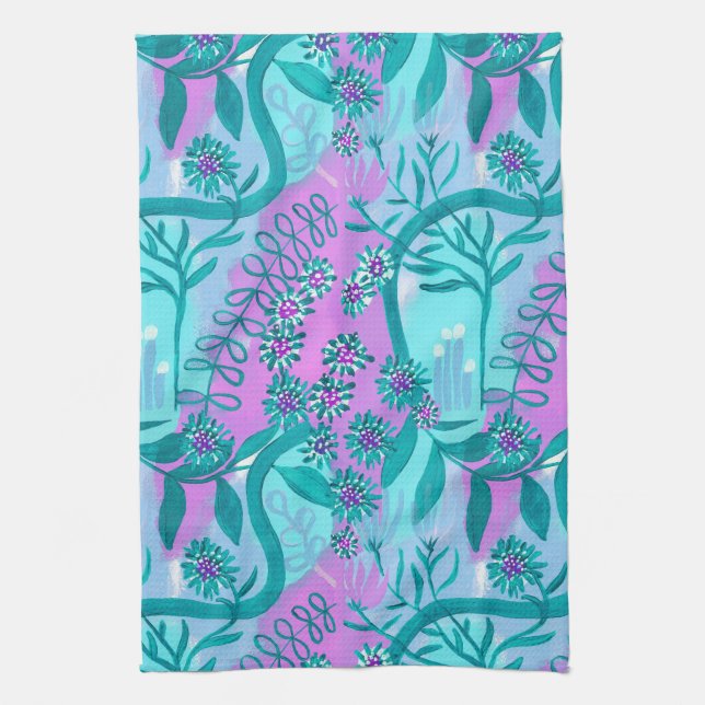 Aqua and Pink Whimsical Magic Garden  Tea Towel (Vertical)