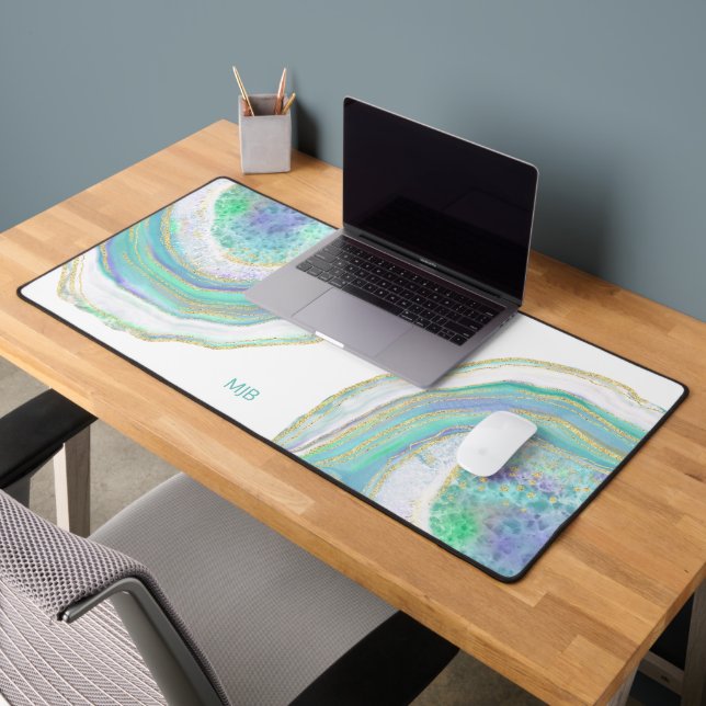 Aqua and Purple Agate Pattern with Monogram Desk Mat (Office 2)