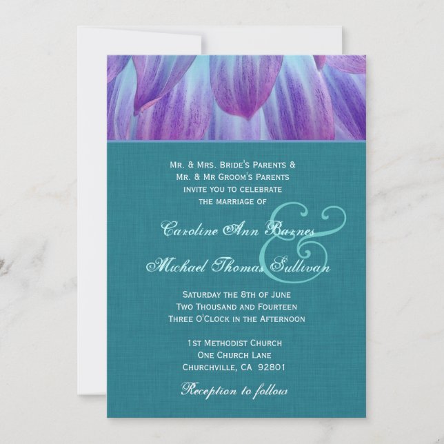 Aqua and Purple Dahlia Wedding Teal Linen Look V3 Invitation (Front)