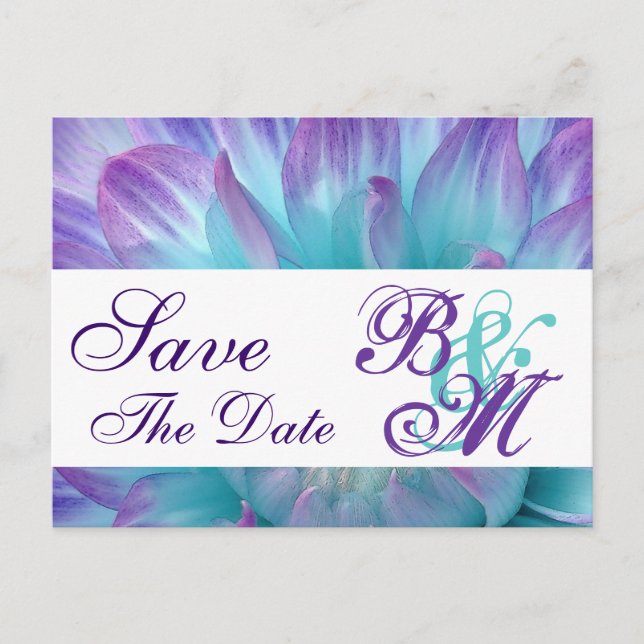 Aqua and Purple Flower Petals Save the  Date V2 Announcement Postcard (Front)
