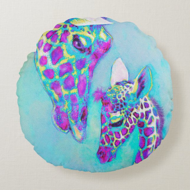Aqua and purple giraffe round pillow (Front)