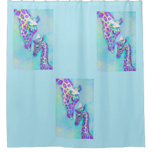 aqua and purple giraffes personalizable shower curtain