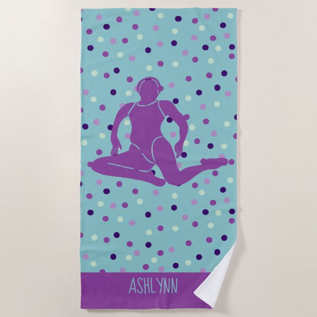 Aqua and Purple Synchronised Swimming Personalised Beach Towel (Front)