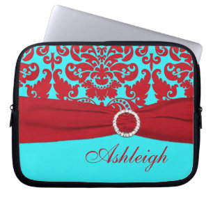 Aqua and Red Damask FAUX Ribbon Laptop Sleeve