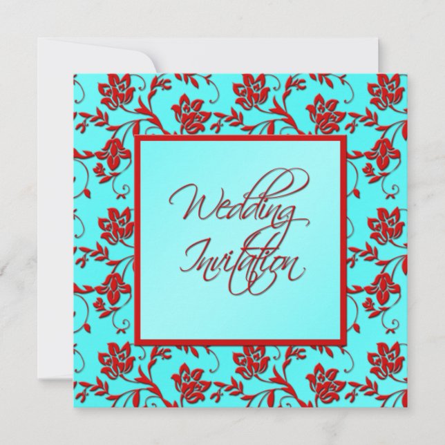 Aqua and Red Floral Wedding Invitation II (Front)