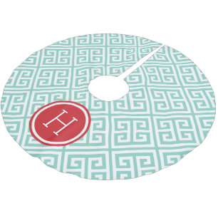 Aqua and Red Greek Key Monogram Brushed Polyester Tree Skirt